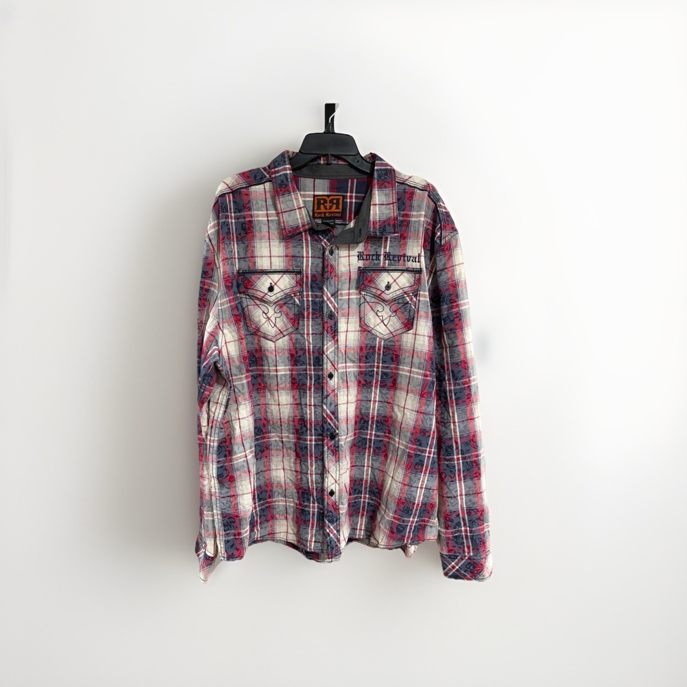 Rock Revival mens button down red white blue designer SHIRT 2X 3XL XXXL EUC P64